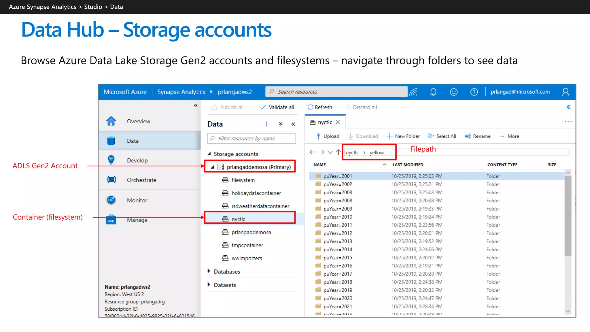 Data Hub – Storage accounts
Browse Azure Data Lake Storage Gen2 accounts and filesystems – navigate through folders to see data
ADLS Gen2 Account
Container (filesystem)
Filepath
 