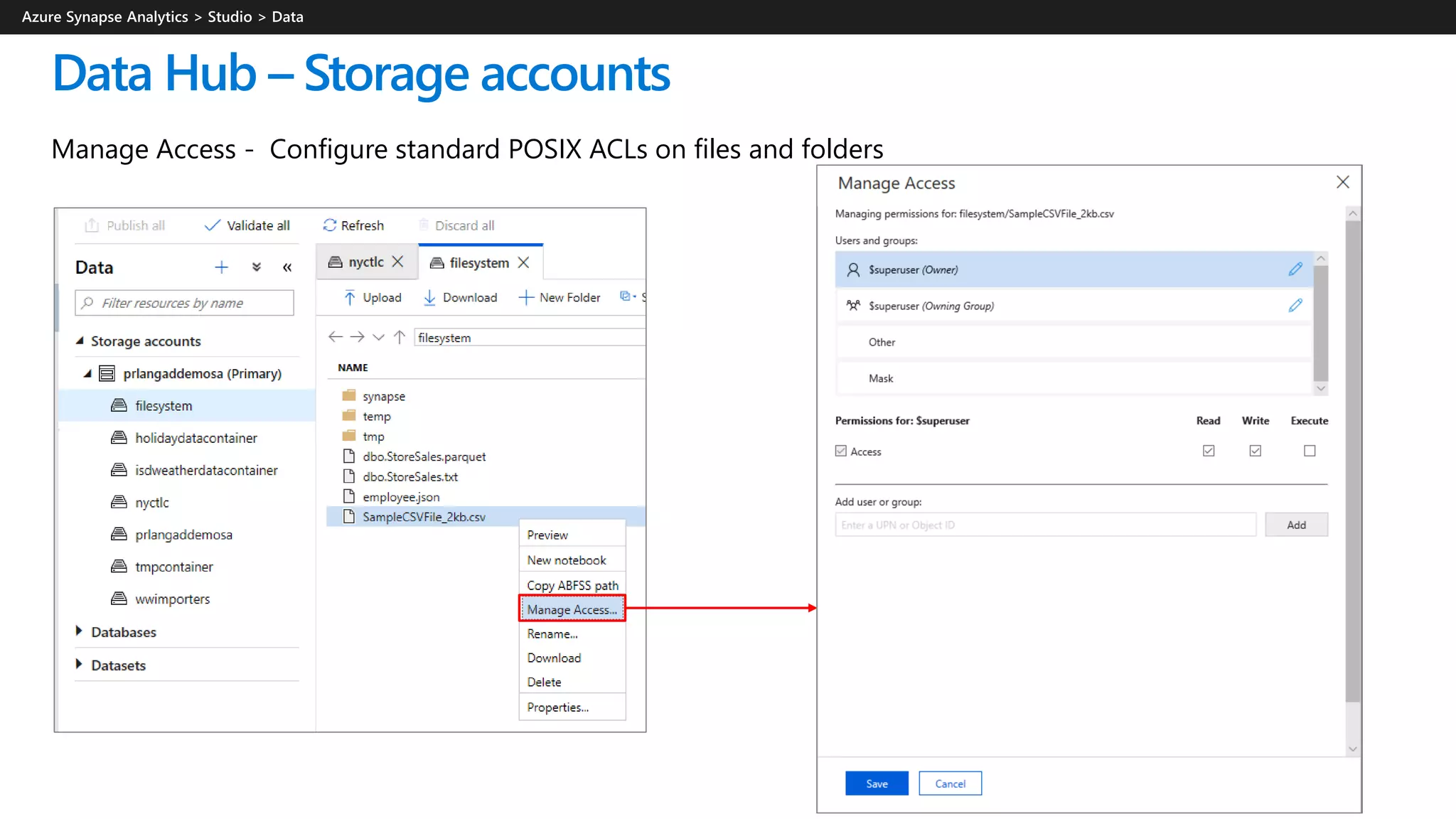 Data Hub – Storage accounts
Manage Access - Configure standard POSIX ACLs on files and folders
 