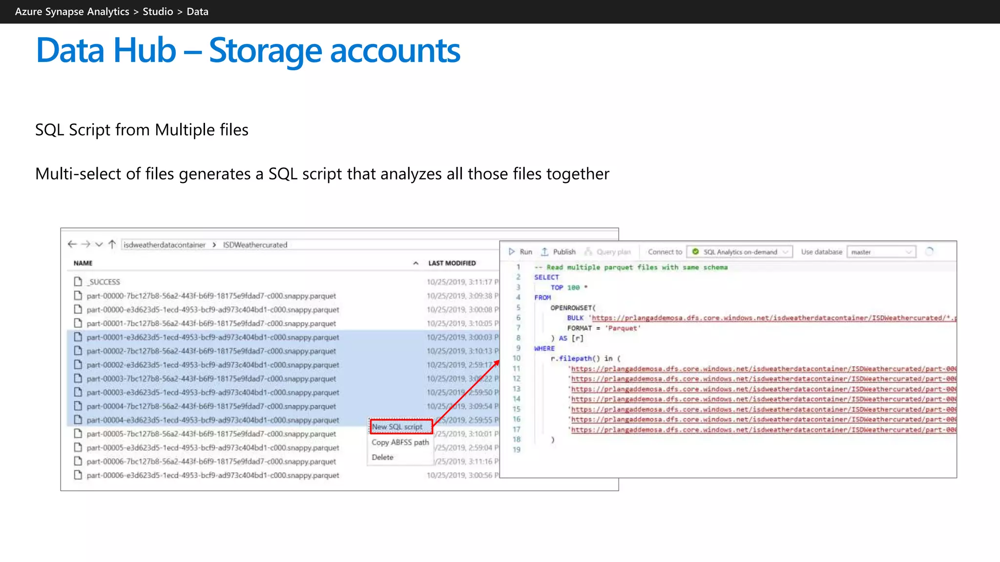 Data Hub – Storage accounts
SQL Script from Multiple files
Multi-select of files generates a SQL script that analyzes all those files together
 