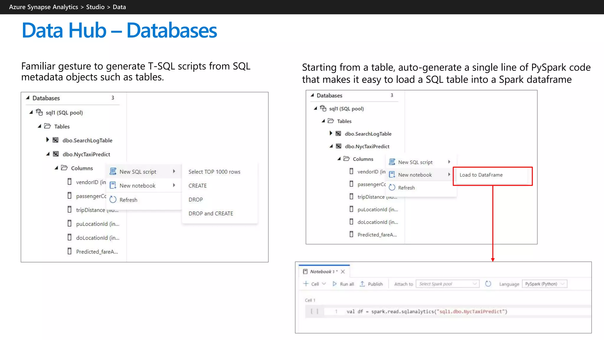 Data Hub – Databases
Familiar gesture to generate T-SQL scripts from SQL
metadata objects such as tables.
Starting from a table, auto-generate a single line of PySpark code
that makes it easy to load a SQL table into a Spark dataframe
 