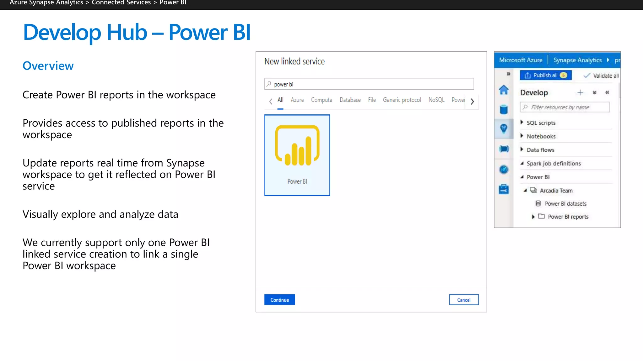 Develop Hub – Power BI
Overview
Create Power BI reports in the workspace
Provides access to published reports in the
workspace
Update reports real time from Synapse
workspace to get it reflected on Power BI
service
Visually explore and analyze data
We currently support only one Power BI
linked service creation to link a single
Power BI workspace
 