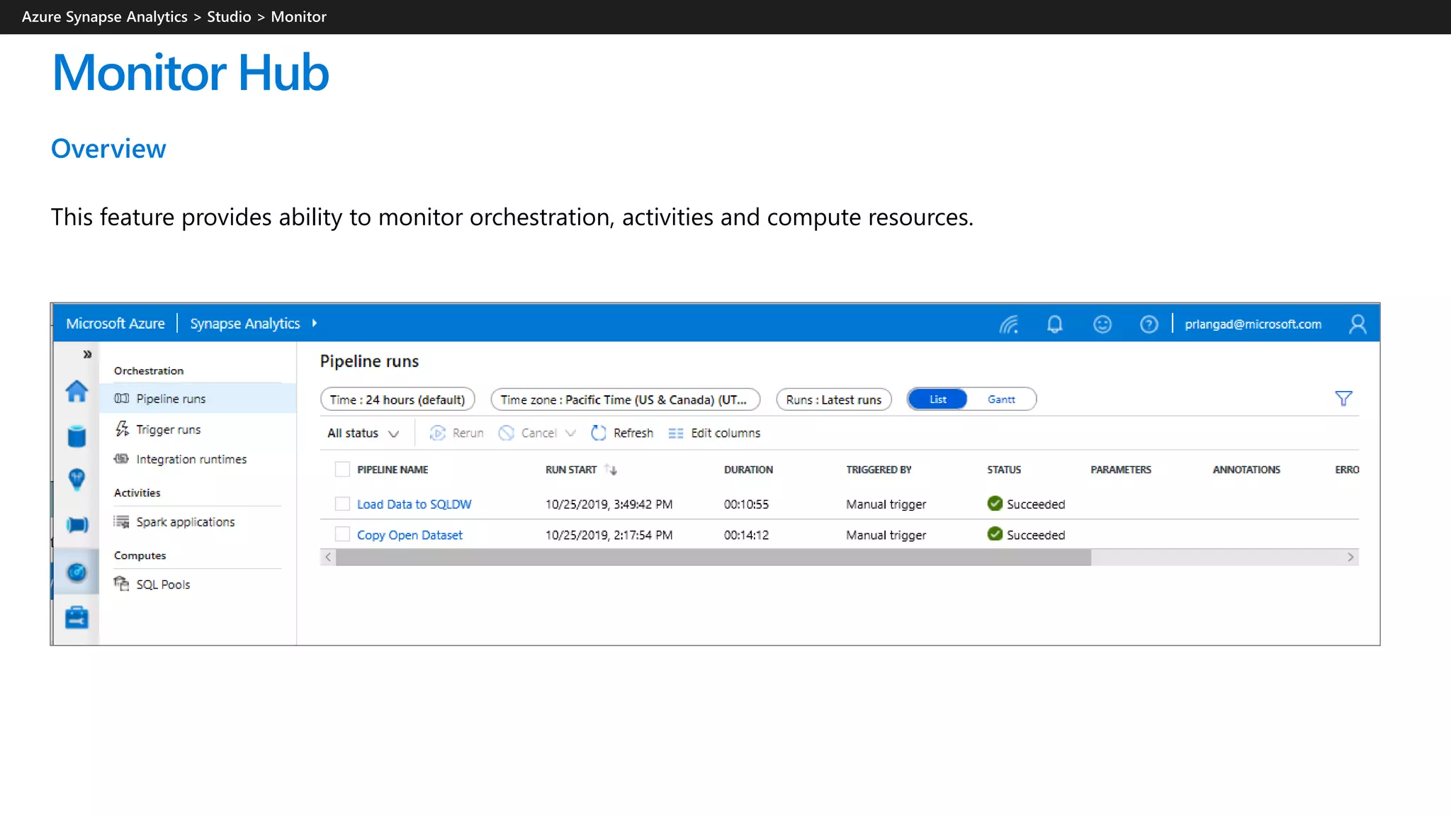 Monitor Hub
Overview
This feature provides ability to monitor orchestration, activities and compute resources.
 