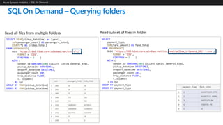 SQL On Demand – Querying JSON files
Azure Synapse Analytics > SQL On Demand
SELECT *
FROM
OPENROWSET(
BULK 'https://XXX.bl...