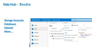 Data Hub - Studio
StorageAccounts
Databases
Dataset
More…
 