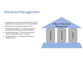 Workload Management Management
• It manages resources, ensures highly efficient resource
utilization, and maximizes return on investment (ROI).
• The three pillars of workload management are
1. Workload Classification – To assign a request to a
workload group and setting importance levels.
2. Workload Importance – To influence the order in
which a request gets access to resources.
3. Workload Isolation – To reserve resources for a
workload group.
Pillars of Workload
Management
Classification
Importance
Isolation
 