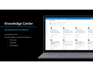 Accelerate time to solution
Azure Open Data sets
Pre-built samples to accelerate development
• SQL Scripts
• Notebooks
• Data Pipelines
 