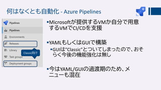 何はなくとも自動化 - Azure Pipelines
Microsoftが提供するVMか自分で用意
するVMでCI/CDを支援
YAMLもしくはGUIで構築
GUIは”Classic”とついてしまったので、おそ
らく今後の機能強化は無し...