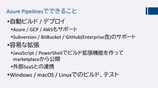 Azure Pipelinesでできること
自動ビルド / デプロイ
Azure / GCP / AWSもサポート
Subversion / BitBucket / GitHub(Enterprise含)のサポート
容易な拡張
Jav...