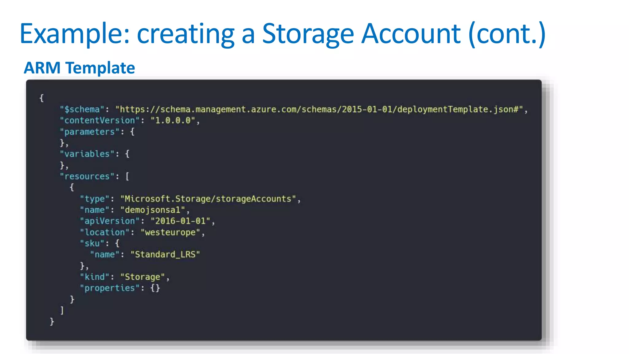 Example: creating a Storage Account (cont.)
ARM Template
 