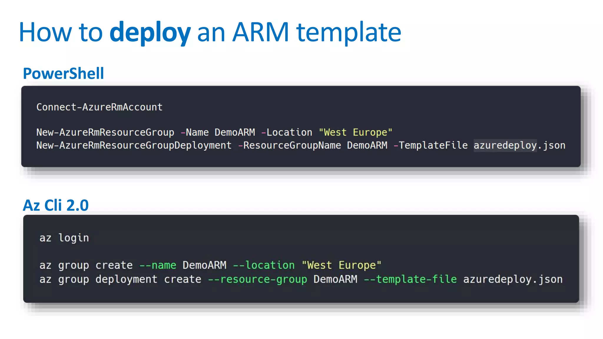 How to deploy an ARM template
PowerShell
Az Cli 2.0
 
