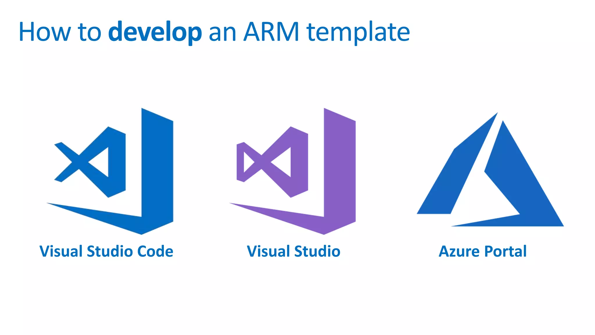 How to develop an ARM template
Visual Studio Code Visual Studio Azure Portal
 