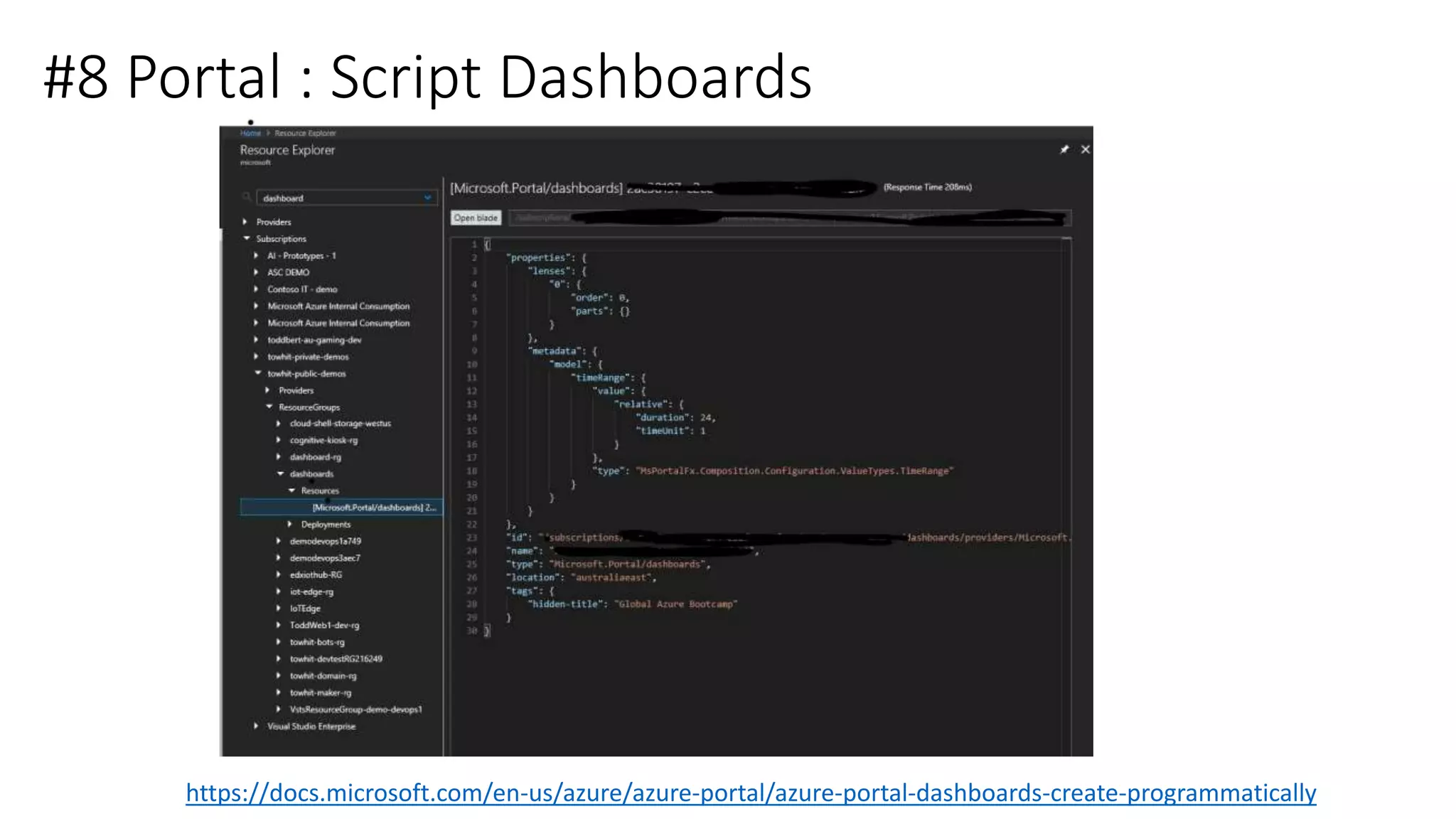 #8 Portal : Script Dashboards
https://docs.microsoft.com/en-us/azure/azure-portal/azure-portal-dashboards-create-programmatically
 
