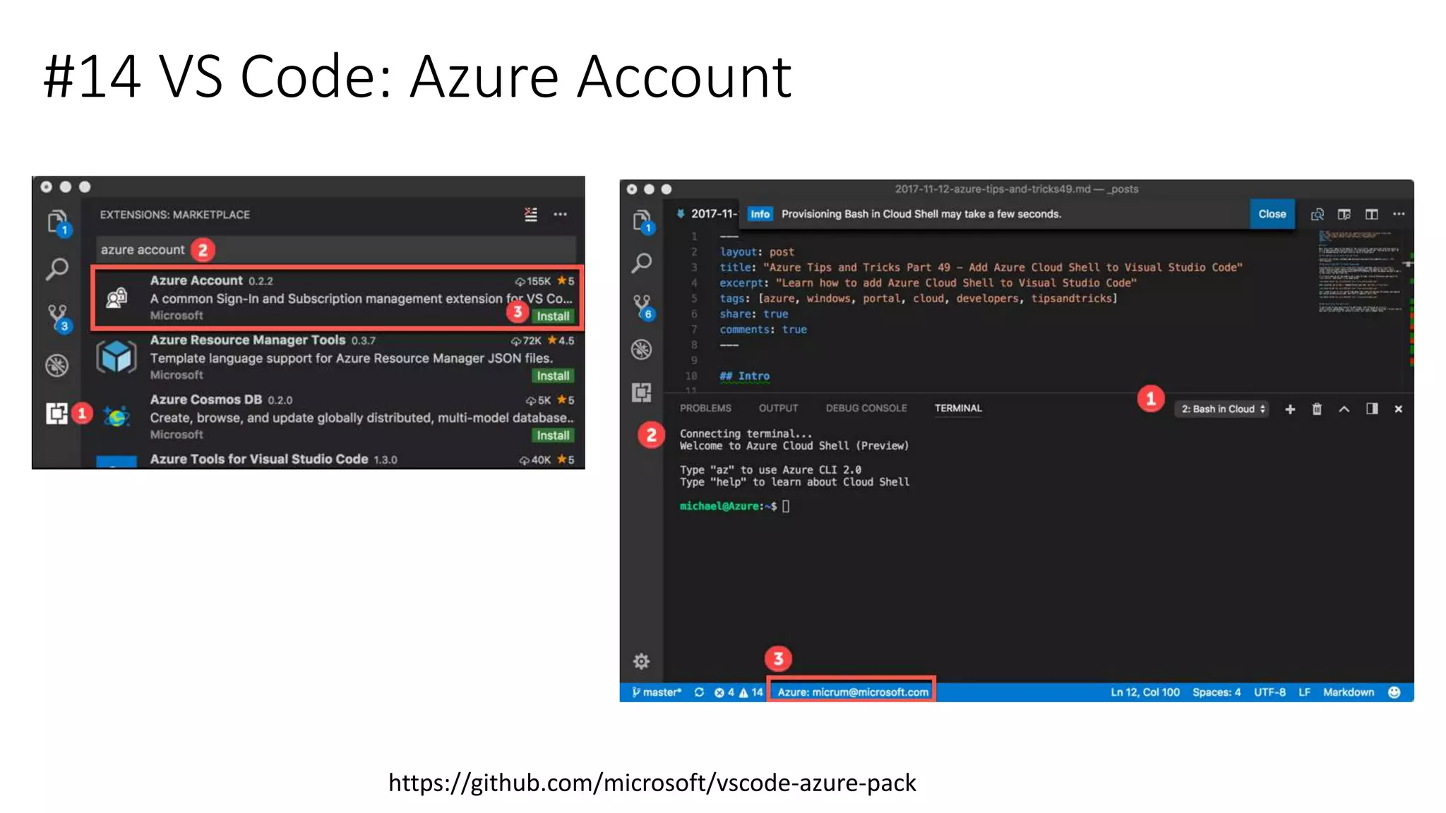 #14 VS Code: Azure Account
https://github.com/microsoft/vscode-azure-pack
 