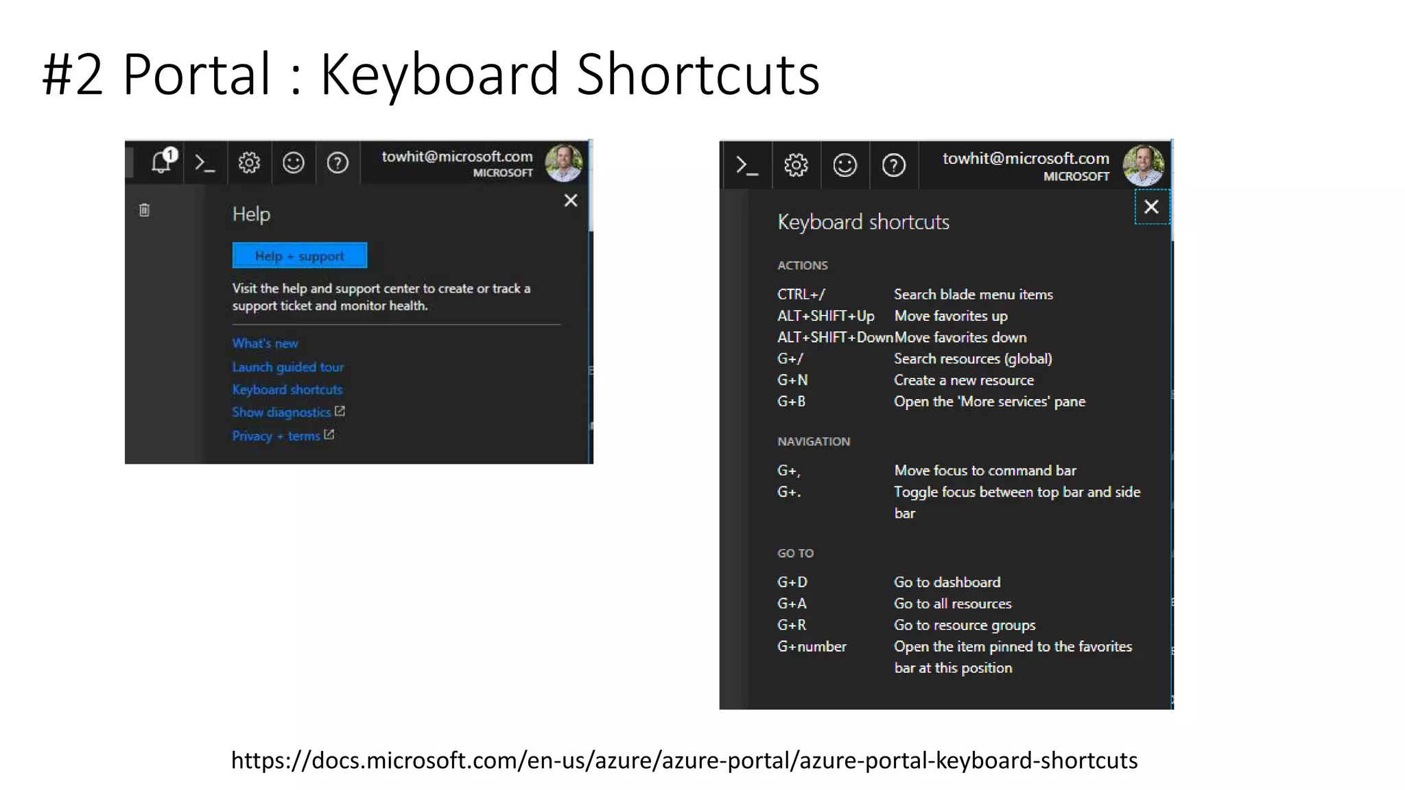 #2 Portal : Keyboard Shortcuts
https://docs.microsoft.com/en-us/azure/azure-portal/azure-portal-keyboard-shortcuts
 