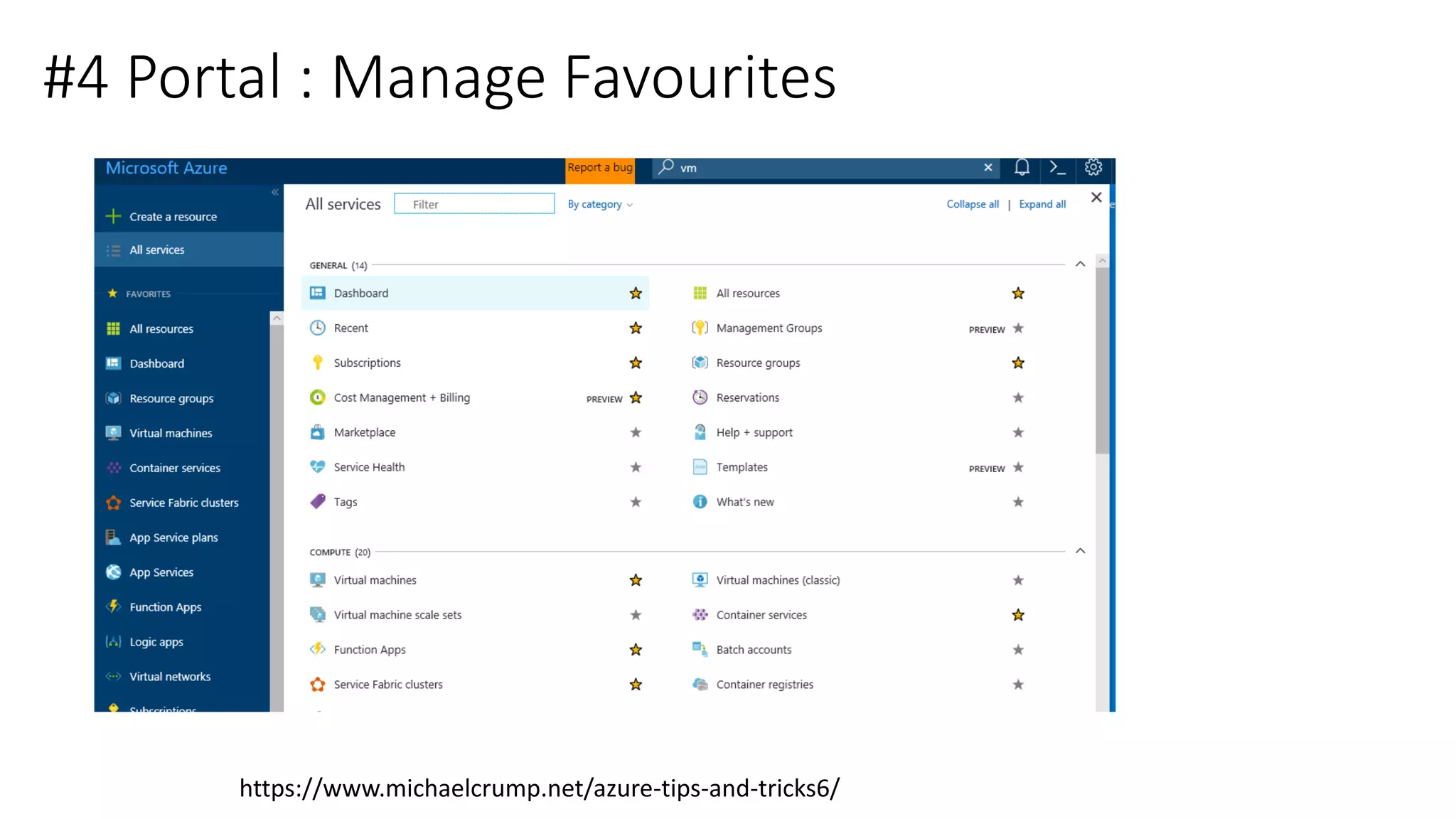 #4 Portal : Manage Favourites
https://www.michaelcrump.net/azure-tips-and-tricks6/
 