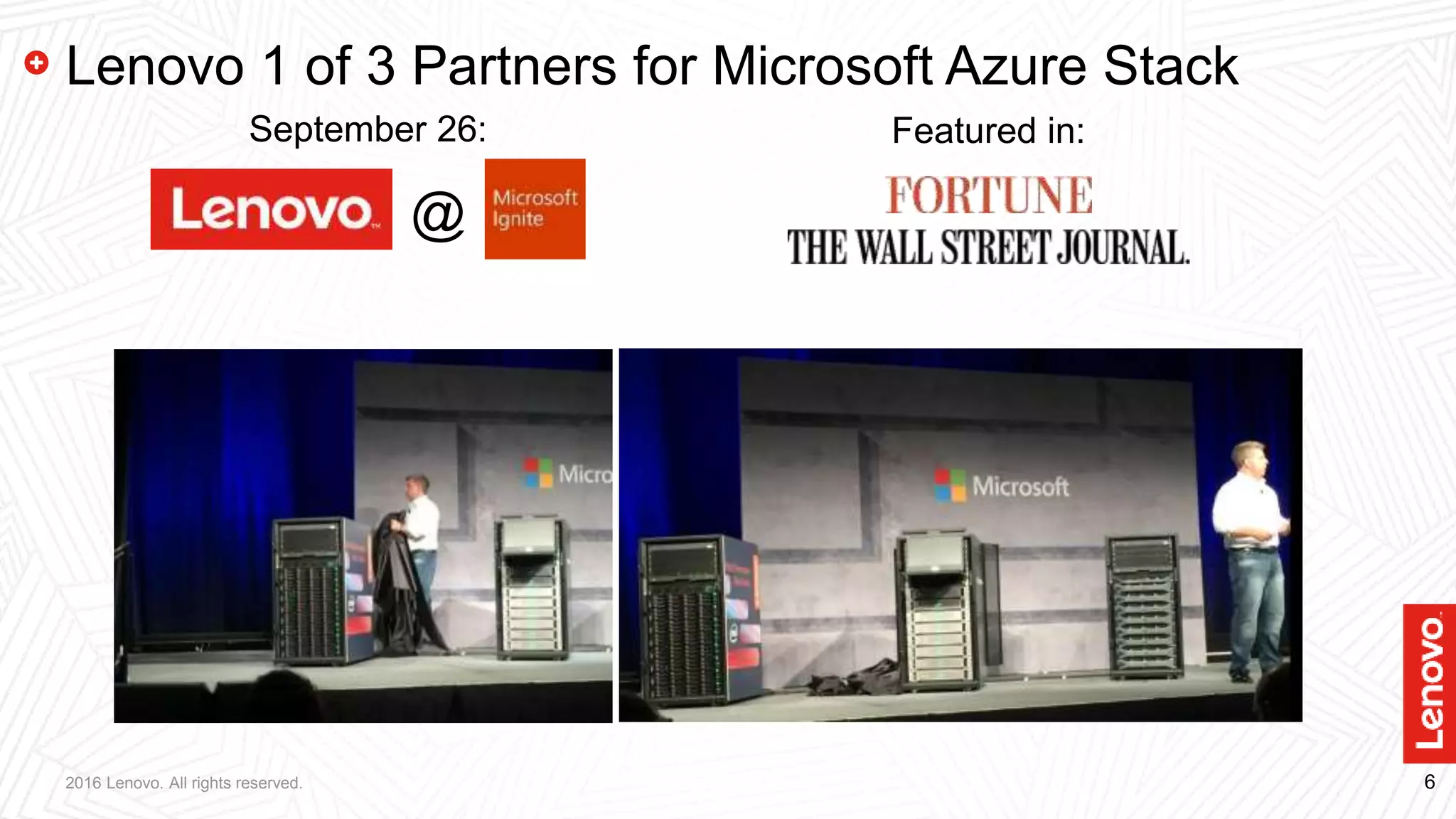 62016 Lenovo. All rights reserved.
Lenovo 1 of 3 Partners for Microsoft Azure Stack
@
September 26: Featured in:
 