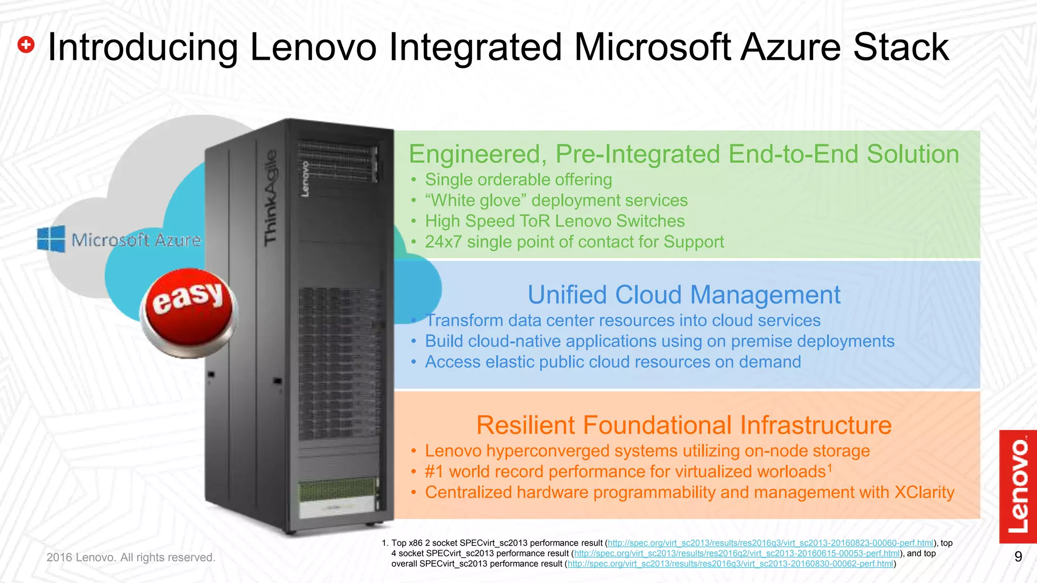 9
Resilient Foundational Infrastructure
• Lenovo hyperconverged systems utilizing on-node storage
• #1 world record performance for virtualized worloads1
• Centralized hardware programmability and management with XClarity
2016 Lenovo. All rights reserved.
Introducing Lenovo Integrated Microsoft Azure Stack
Unified Cloud Management
• Transform data center resources into cloud services
• Build cloud-native applications using on premise deployments
• Access elastic public cloud resources on demand
Engineered, Pre-Integrated End-to-End Solution
• Single orderable offering
• “White glove” deployment services
• High Speed ToR Lenovo Switches
• 24x7 single point of contact for Support
1. Top x86 2 socket SPECvirt_sc2013 performance result (http://spec.org/virt_sc2013/results/res2016q3/virt_sc2013-20160823-00060-perf.html), top
4 socket SPECvirt_sc2013 performance result (http://spec.org/virt_sc2013/results/res2016q2/virt_sc2013-20160615-00053-perf.html), and top
overall SPECvirt_sc2013 performance result (http://spec.org/virt_sc2013/results/res2016q3/virt_sc2013-20160830-00062-perf.html)
 