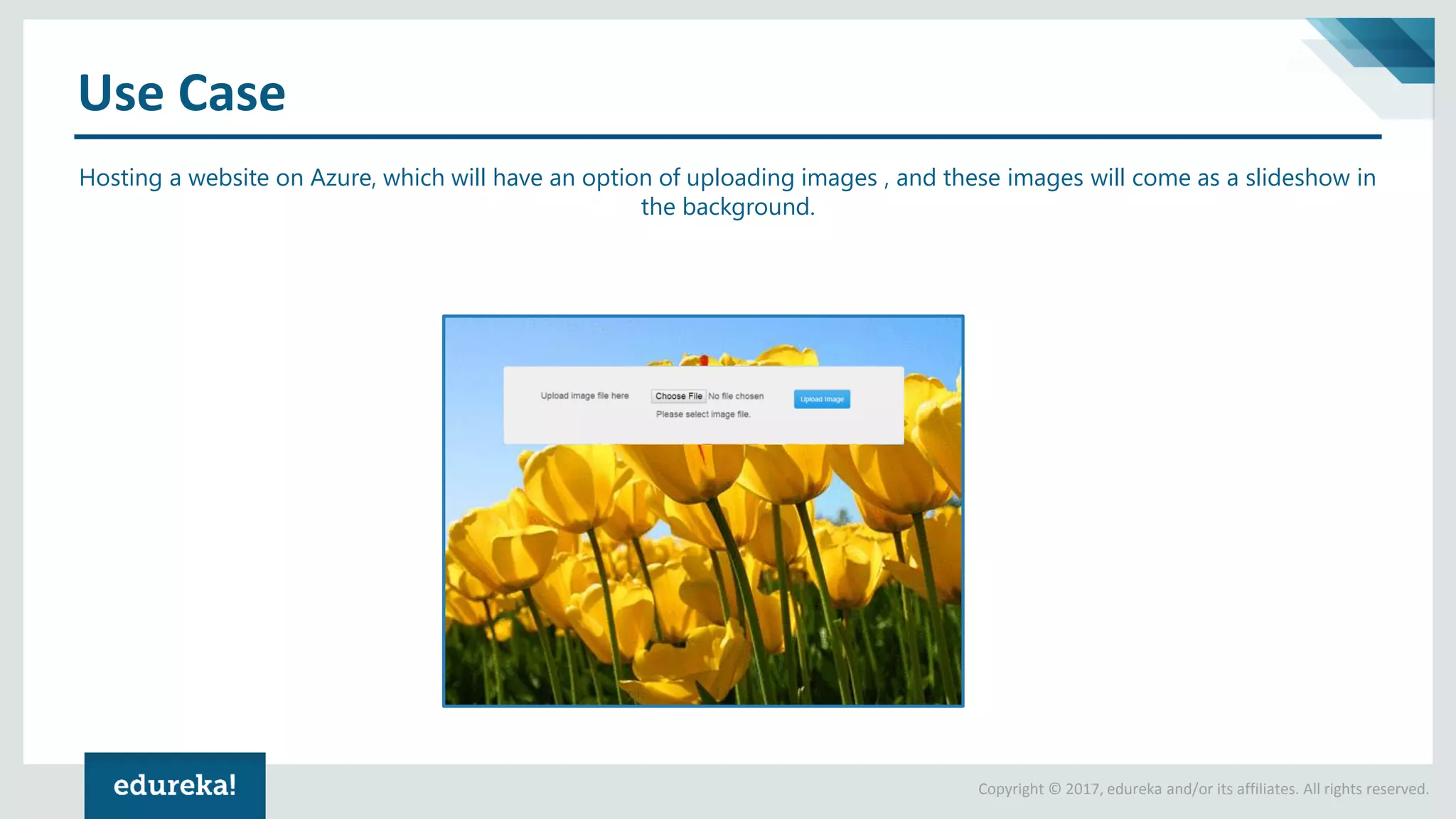 Copyright © 2017, edureka and/or its affiliates. All rights reserved.
Use Case
Hosting a website on Azure, which will have an option of uploading images , and these images will come as a slideshow in
the background.
 
