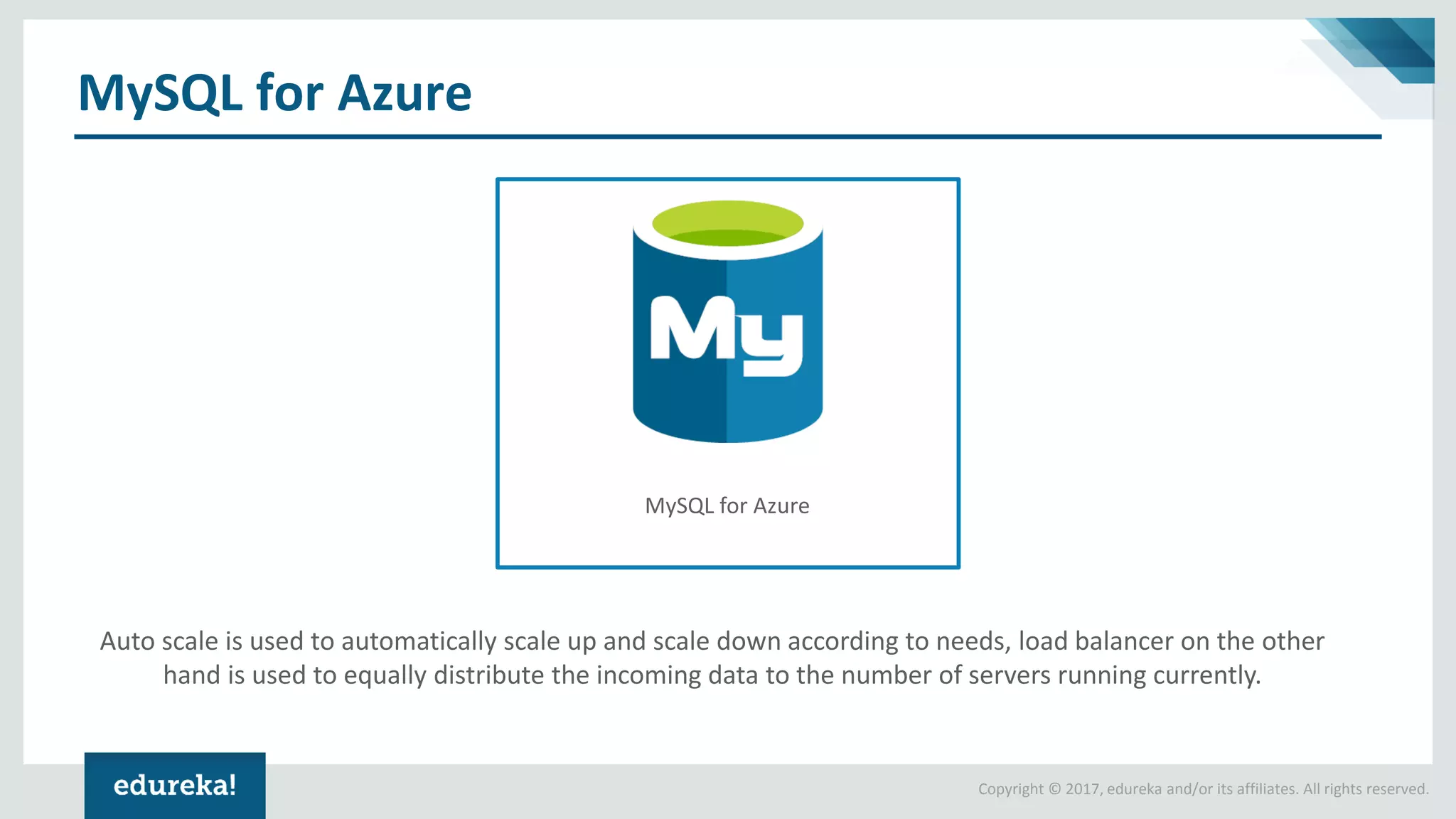 Copyright © 2017, edureka and/or its affiliates. All rights reserved.
MySQL for Azure
Auto scale is used to automatically scale up and scale down according to needs, load balancer on the other
hand is used to equally distribute the incoming data to the number of servers running currently.
MySQL for Azure
 