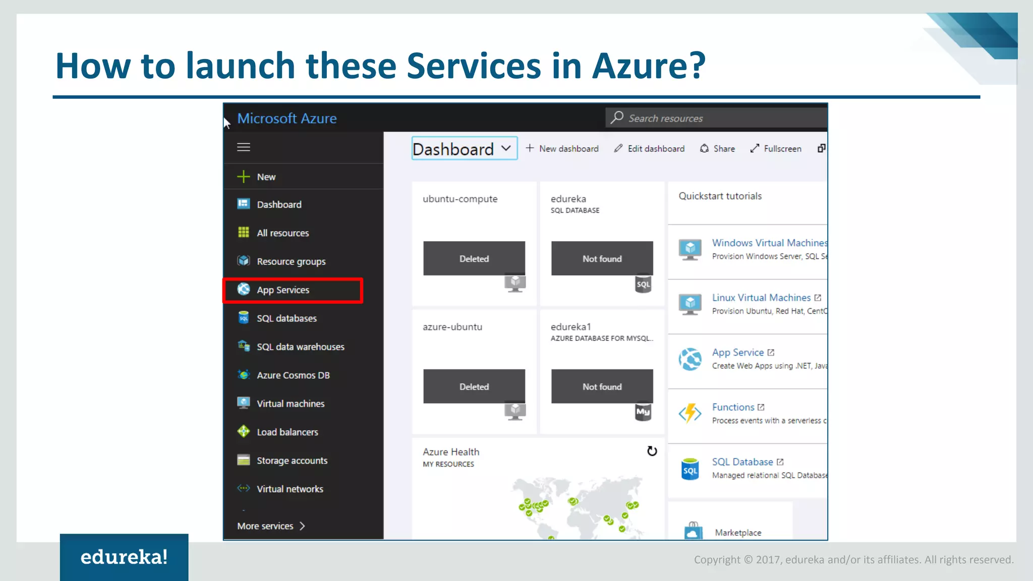 Copyright © 2017, edureka and/or its affiliates. All rights reserved.
How to launch these Services in Azure?
 
