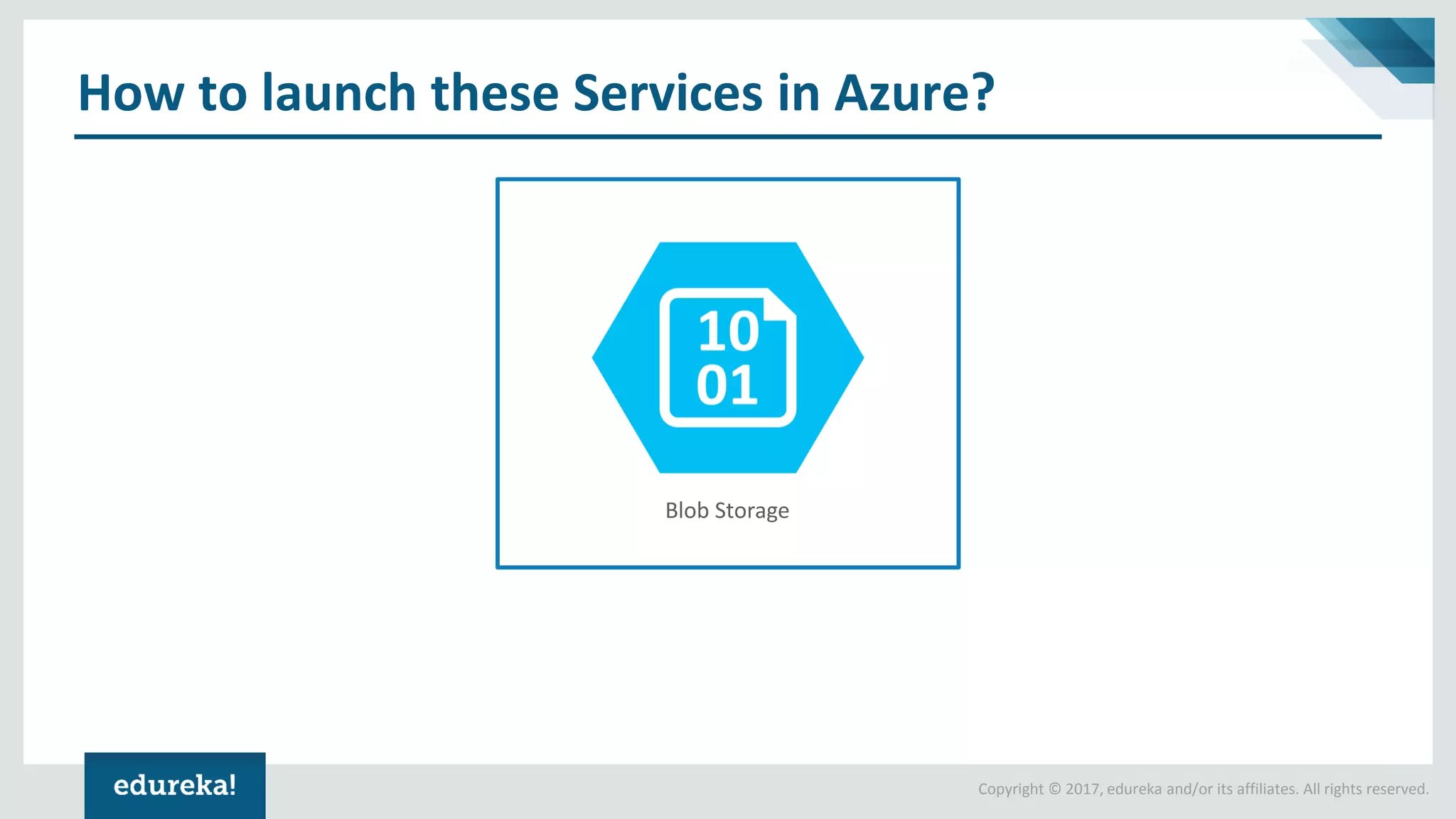 Copyright © 2017, edureka and/or its affiliates. All rights reserved.
How to launch these Services in Azure?
Blob Storage
 