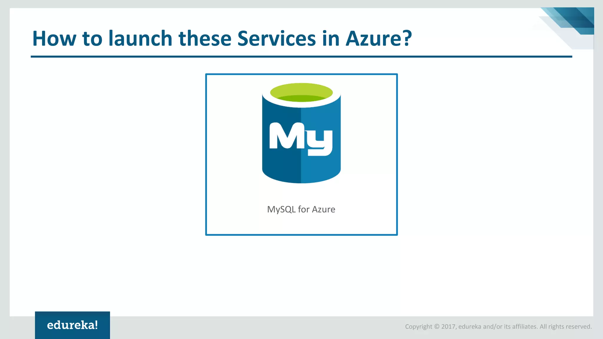 Copyright © 2017, edureka and/or its affiliates. All rights reserved.
How to launch these Services in Azure?
MySQL for Azure
 