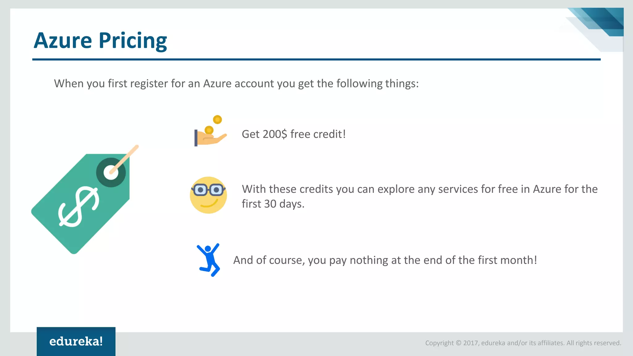 Copyright © 2017, edureka and/or its affiliates. All rights reserved.
Azure Pricing
When you first register for an Azure account you get the following things:
Get 200$ free credit!
With these credits you can explore any services for free in Azure for the
first 30 days.
And of course, you pay nothing at the end of the first month!
 