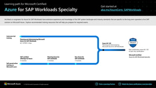 © 2020 Microsoft Corporation. All rights reserved. Watch the Azure certifications overviewvideo
Find a Learning Partner
SAP certified
offerings for Azure
4 modules
Planning Azure for
SAP workloads
3 modules
Run Azure for
SAP workloads
3 modules
Planning and Administering Microsoft
Azure for SAP Workloads
AZ-120T00 | 4 days
Pass certification exam AZ-120
to earn this certification
Instructor-led
training
Self-pacedonline
training on
Microsoft Learn
Exam AZ-120
Planning and Administering
Microsoft Azure for SAP Workloads
Microsoft Certified:
Azure for SAP Workloads Specialty
Learning path for Microsoft Certified:
Azure for SAP Workloads Specialty
Get started at
aka.ms/AzureCerts_SAPWorkloads
Architects or engineers for Azure for SAP Workloads have extensive experience and knowledge of the SAP system landscape and industry standards that are specific to the long-term operation of an SAP
solution on Microsoft Azure. Explore recommended training resources that will help you prepare for required exams.
 