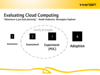 Evaluating Cloud Computing
“Adventure is just bad planning” – Roald Anderson, Norwegian Explorer



                              Clarity & Insight

       1                  2                  3                          4
  Awareness          Assessment        Experiment              Adoption
                                          (POC)
 