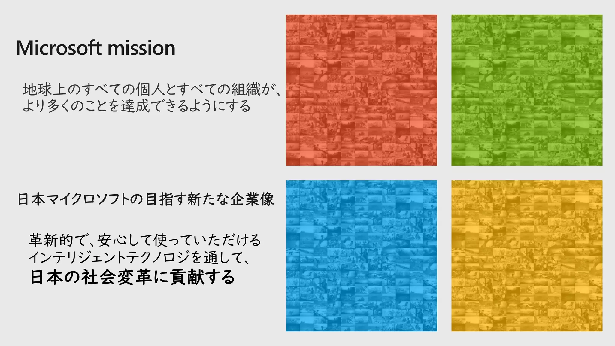 地球上のすべての個人とすべての組織が、
より多くのことを達成できるようにする
革新的で、安心して使っていただける
インテリジェントテクノロジを通して、
日本の社会変革に貢献する
 