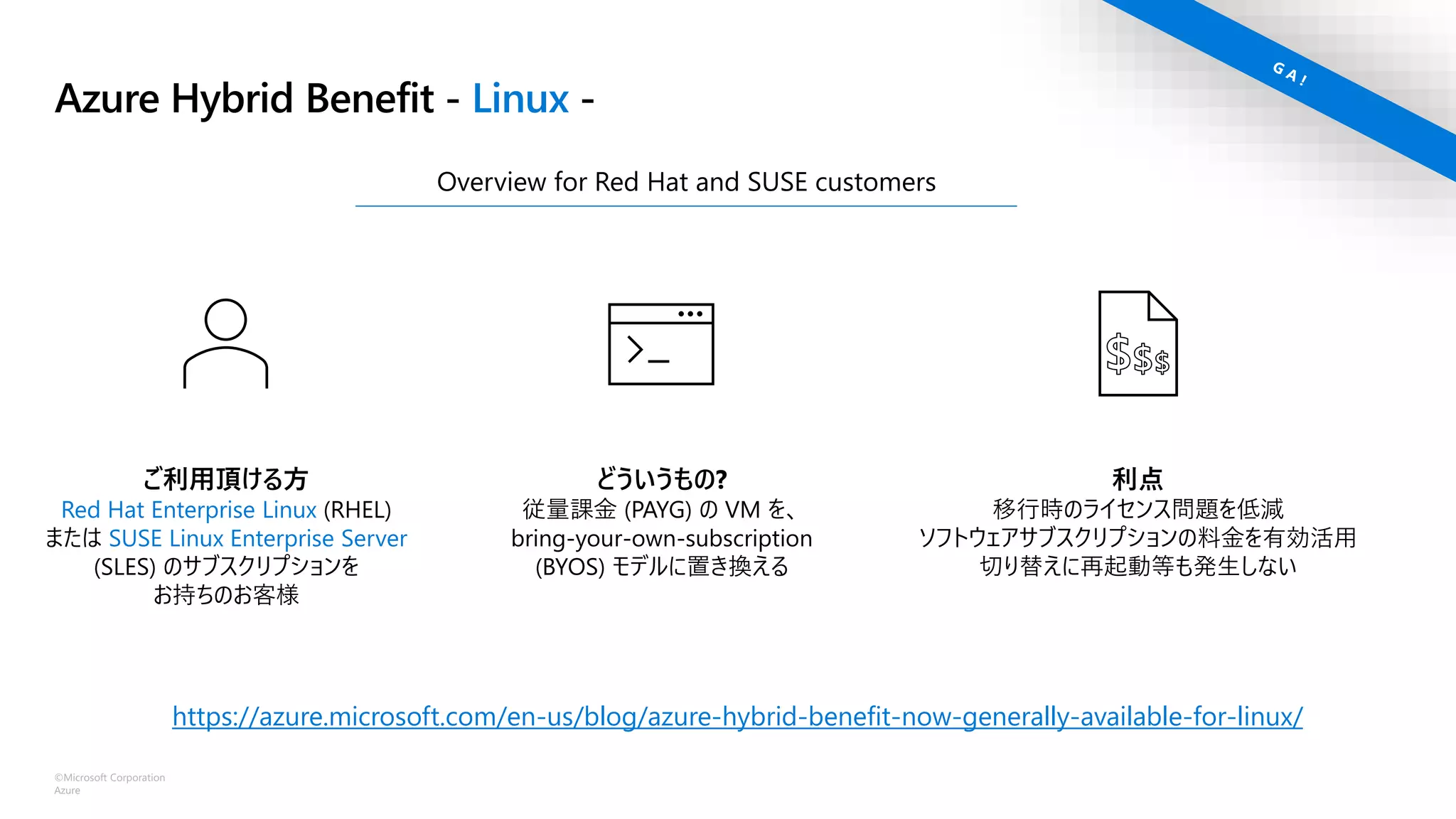©Microsoft Corporation
Azure
Azure Hybrid Benefit - Linux -
ご利用頂ける方
Red Hat Enterprise Linux (RHEL)
または SUSE Linux Enterprise Server
(SLES) のサブスクリプションを
お持ちのお客様
利点
移行時のライセンス問題を低減
ソフトウェアサブスクリプションの料金を有効活用
切り替えに再起動等も発生しない
どういうもの?
従量課金 (PAYG) の VM を、
bring-your-own-subscription
(BYOS) モデルに置き換える
Overview for Red Hat and SUSE customers
https://azure.microsoft.com/en-us/blog/azure-hybrid-benefit-now-generally-available-for-linux/
 