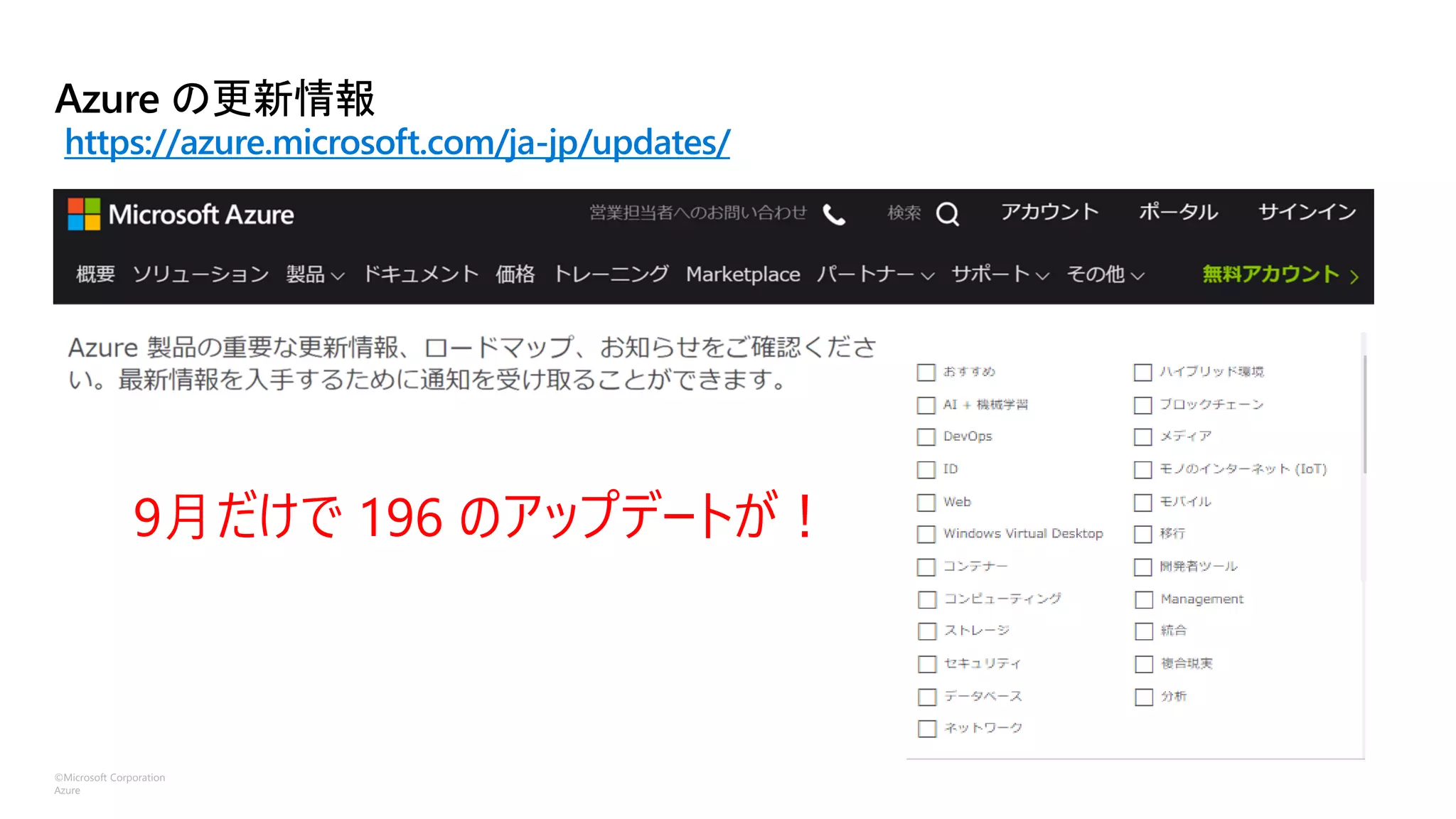 ©Microsoft Corporation
Azure
Azure の更新情報
https://azure.microsoft.com/ja-jp/updates/
9月だけで 196 のアップデートが！
 