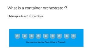 What is a container orchestrator?
• Manage a bunch of machines
Homogenous Machine Fleet (Virtual or Physical)
 