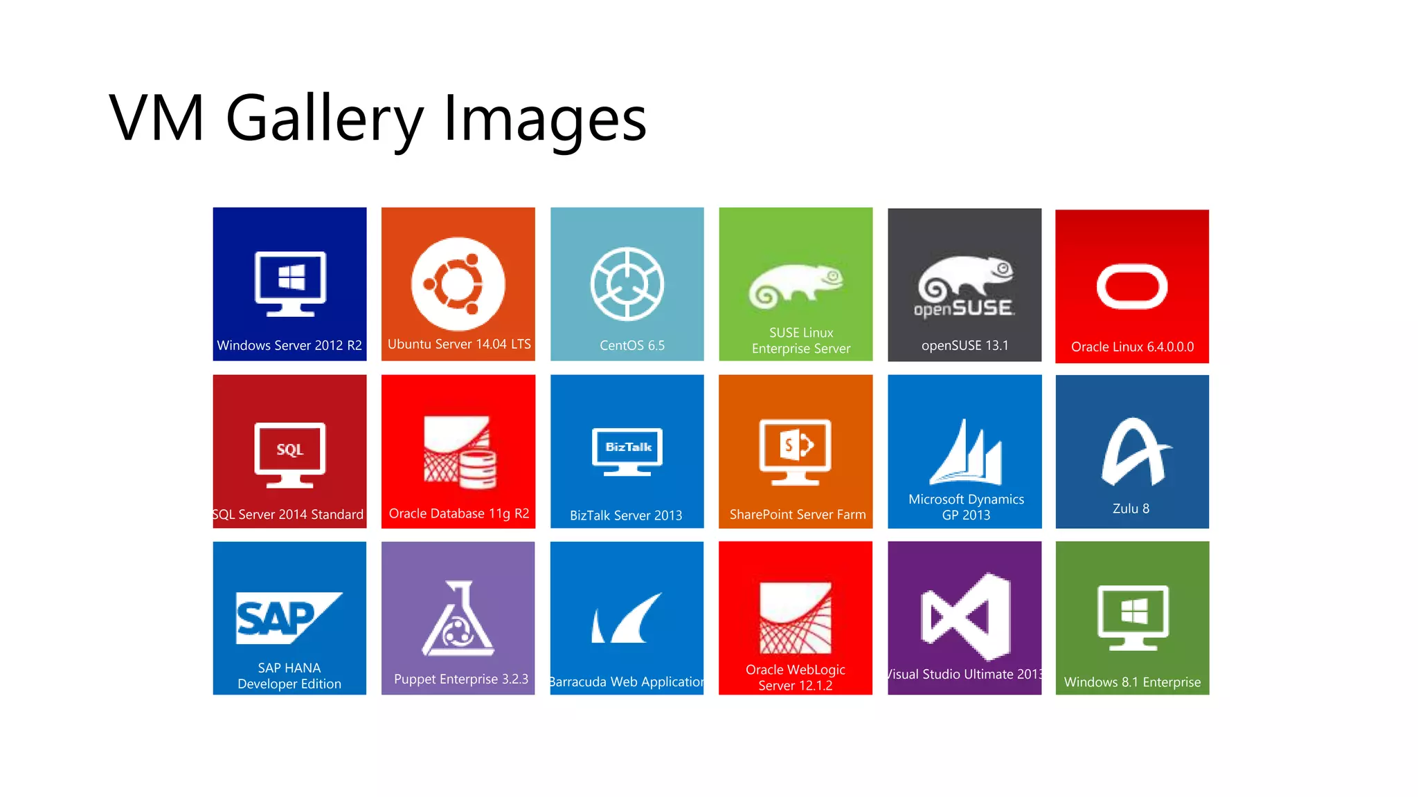 VM Gallery Images
Windows Server 2012 R2 Ubuntu Server 14.04 LTS CentOS 6.5
SUSE Linux
Enterprise Server Oracle Linux 6.4.0.0.0
Windows 8.1 Enterprise
SQL Server 2014 Standard Oracle Database 11g R2 BizTalk Server 2013 SharePoint Server Farm
Microsoft Dynamics
GP 2013
Zulu 8
SAP HANA
Developer Edition Puppet Enterprise 3.2.3 Barracuda Web Application
Oracle WebLogic
Server 12.1.2
Visual Studio Ultimate 2013
openSUSE 13.1
 