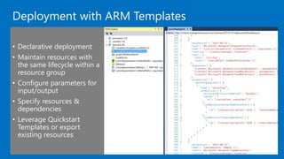 Deployment with ARM Templates
• Declarative deployment
• Maintain resources with
the same lifecycle within a
resource group
• Configure parameters for
input/output
• Specify resources &
dependencies
• Leverage Quickstart
Templates or export
existing resources
 