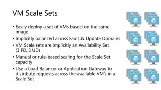 VM Scale Sets
• Easily deploy a set of VMs based on the same
image
• Implicitly balanced across Fault & Update Domains
• VM Scale sets are implicitly an Availability Set
(3 FD, 5 UD)
• Manual or rule-based scaling for the Scale Set
capacity
• Use a Load Balancer or Application Gateway to
distribute requests across the available VM’s in a
Scale Set
 
