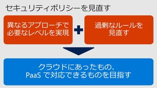 クラウドにあったもの、
PaaS で対応できるものを目指す
異なるアプローチで
必要なレベルを実現
過剰なルールを
見直す
 