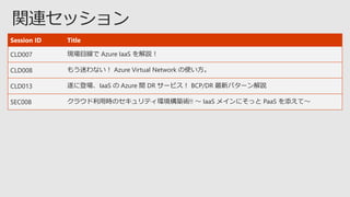 Session ID Title
CLD007 現場目線で Azure IaaS を解説！
CLD008 もう迷わない！ Azure Virtual Network の使い方。
CLD013 遂に登場、IaaS の Azure 間 DR サービス！ BCP/DR 最新パターン解説
SEC008 クラウド利用時のセキュリティ環境構築術!! ～ IaaS メインにそっと PaaS を添えて～
 