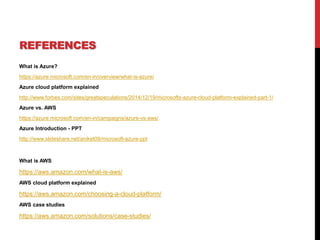 REFERENCES
What is Azure?
https://azure.microsoft.com/en-in/overview/what-is-azure/
Azure cloud platform explained
http://www.forbes.com/sites/greatspeculations/2014/12/19/microsofts-azure-cloud-platform-explained-part-1/
Azure vs. AWS
https://azure.microsoft.com/en-in/campaigns/azure-vs-aws/
Azure Introduction - PPT
http://www.slideshare.net/aniket09/microsoft-azure-ppt
What is AWS
https://aws.amazon.com/what-is-aws/
AWS cloud platform explained
https://aws.amazon.com/choosing-a-cloud-platform/
AWS case studies
https://aws.amazon.com/solutions/case-studies/
 