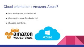 Cloud orientation : Amazon, Azure?
● Amazon is more IaaS oriented
● Microsoft is more PaaS oriented
● Changes over time.
 