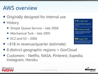 Consulting/Training
 Originally designed for internal use
 History
 Simple Queue Service – late 2004
 Mechanical Turk – late 2005
 EC2 and S3 – 2006
 >$1B in revenue/quarter (estimate)
 8 distinct geographic regions + GovCloud
 Customers - Netflix, NASA, Pinterest, Expedia,
Instagram, Heroku
AWS overview
 