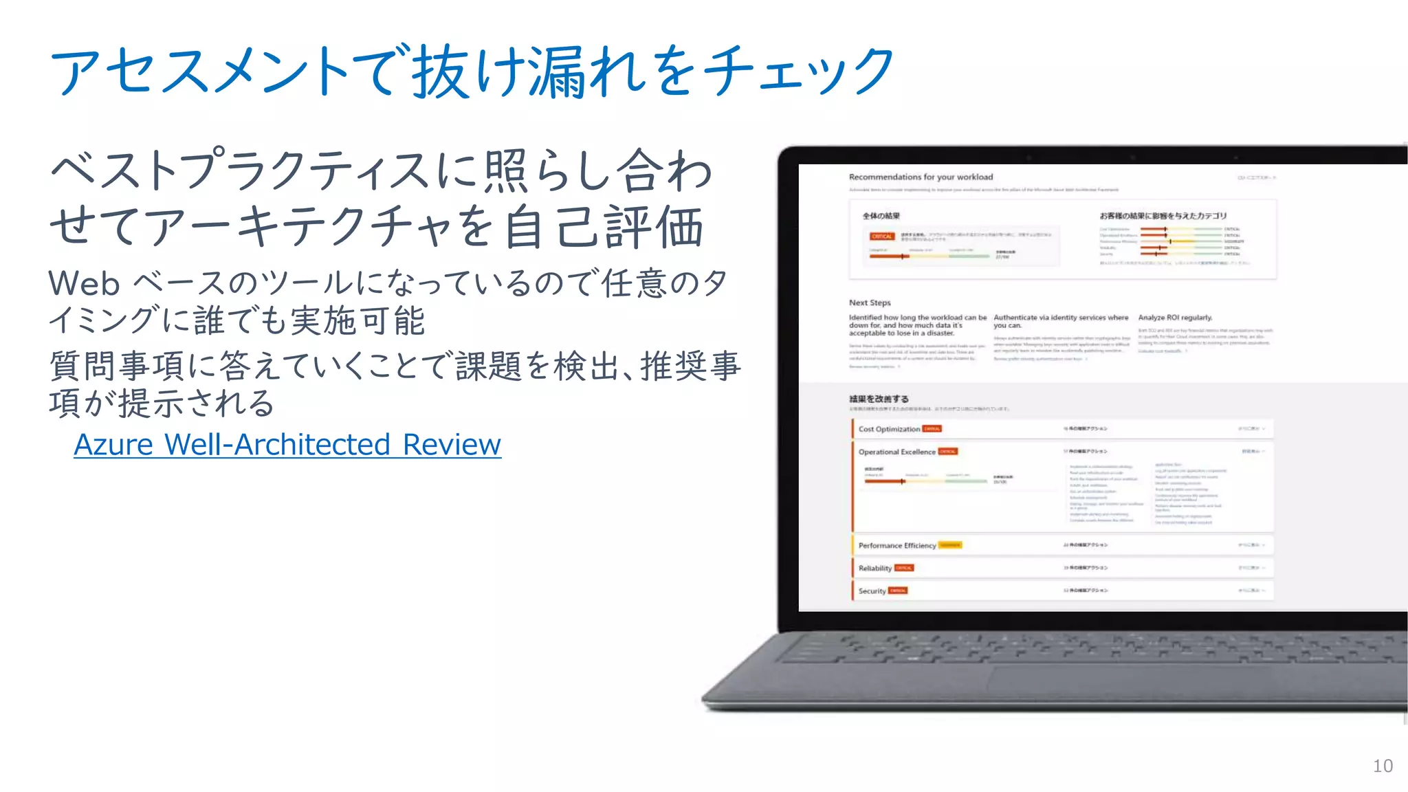アセスメントで抜け漏れをチェック
10
ベストプラクティスに照らし合わ
せてアーキテクチャを自己評価
Web ベースのツールになっているので任意のタ
イミングに誰でも実施可能
質問事項に答えていくことで課題を検出、推奨事
項が提示される
Azure Well-Architected Review
 
