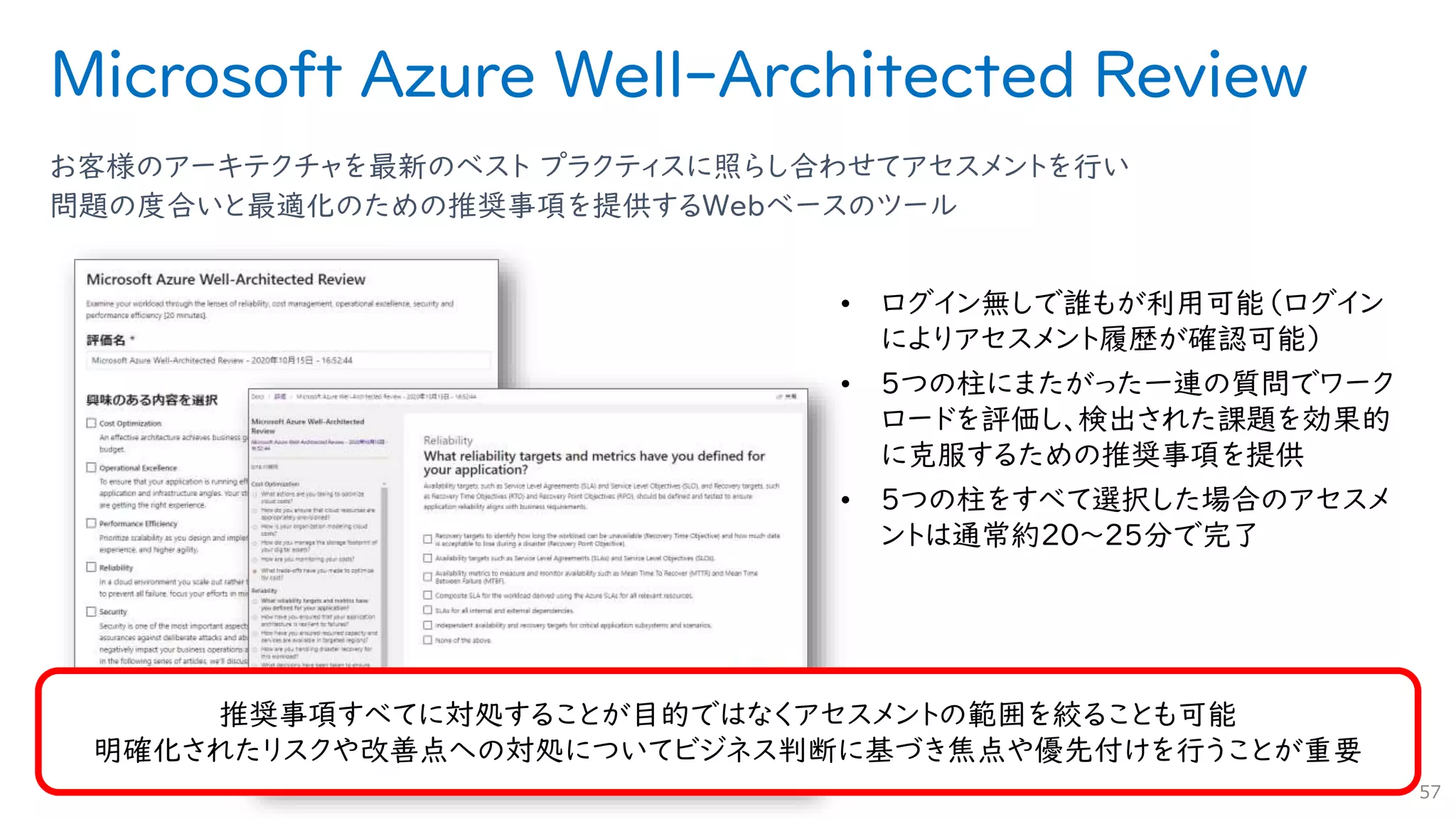Microsoft Azure Well-Architected Review
お客様のアーキテクチャを最新のベスト プラクティスに照らし合わせてアセスメントを行い
問題の度合いと最適化のための推奨事項を提供するWebベースのツール
57
• ログイン無しで誰もが利用可能（ログイン
によりアセスメント履歴が確認可能）
• 5つの柱にまたがった一連の質問でワーク
ロードを評価し、検出された課題を効果的
に克服するための推奨事項を提供
• 5つの柱をすべて選択した場合のアセスメ
ントは通常約20～25分で完了
推奨事項すべてに対処することが目的ではなくアセスメントの範囲を絞ることも可能
明確化されたリスクや改善点への対処についてビジネス判断に基づき焦点や優先付けを行うことが重要
 
