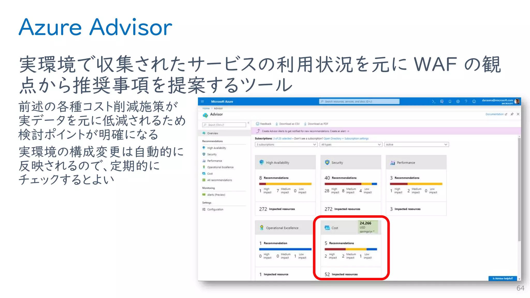 Azure Advisor
実環境で収集されたサービスの利用状況を元に WAF の観
点から推奨事項を提案するツール
前述の各種コスト削減施策が
実データを元に低減されるため
検討ポイントが明確になる
実環境の構成変更は自動的に
反映されるので、定期的に
チェックするとよい
64
 