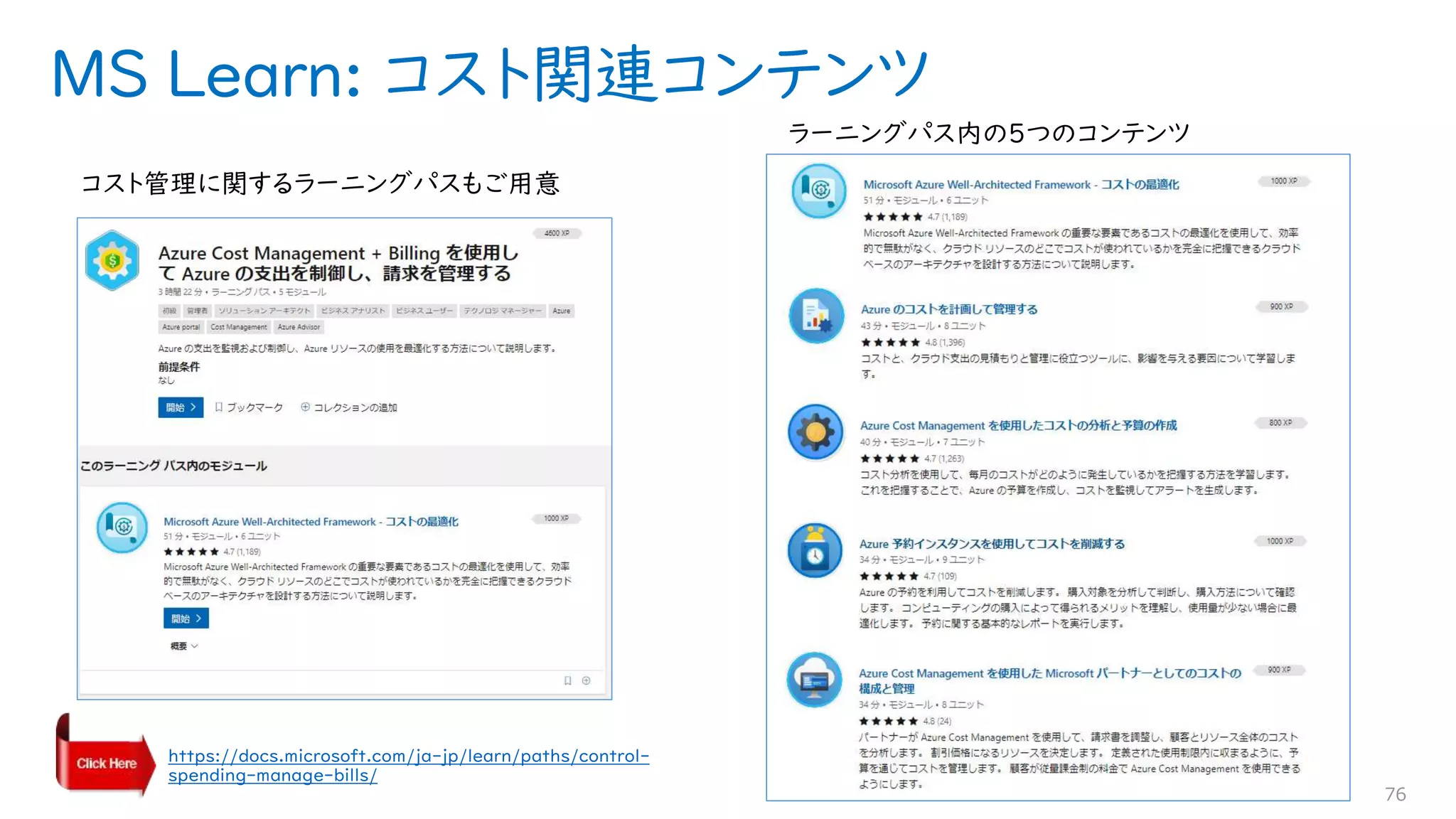 MS Learn: コスト関連コンテンツ
76
https://docs.microsoft.com/ja-jp/learn/paths/control-
spending-manage-bills/
 