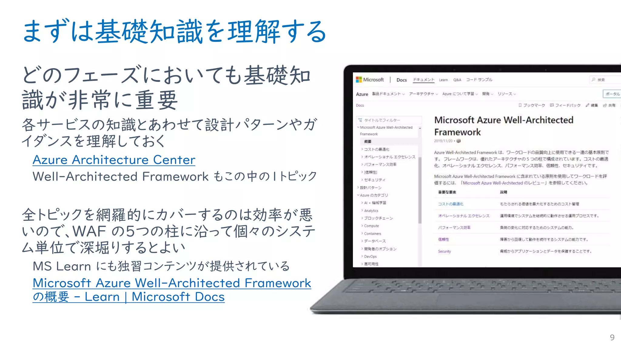 まずは基礎知識を理解する
9
どのフェーズにおいても基礎知
識が非常に重要
各サービスの知識とあわせて設計パターンやガ
イダンスを理解しておく
Azure Architecture Center
Well-Architected Framework もこの中の１トピック
全トピックを網羅的にカバーするのは効率が悪
いので、WAF の5つの柱に沿って個々のシステ
ム単位で深堀りするとよい
MS Learn にも独習コンテンツが提供されている
Microsoft Azure Well-Architected Framework
の概要 - Learn | Microsoft Docs
 