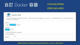 自訂 Docker 容器
12Deploy Docker Containers to Azure Web Apps on Linux – Build Azure
training/webapp
dimkk/ng2-admin
 