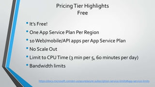 PricingTier Highlights
Free
•It’s Free!
•One App Service Plan Per Region
•10Web/mobile/API apps per App Service Plan
•No Scale Out
•Limit to CPUTime (3 min per 5, 60 minutes per day)
•Bandwidth limits
https://docs.microsoft.com/en-us/azure/azure-subscription-service-limits#app-service-limits
 