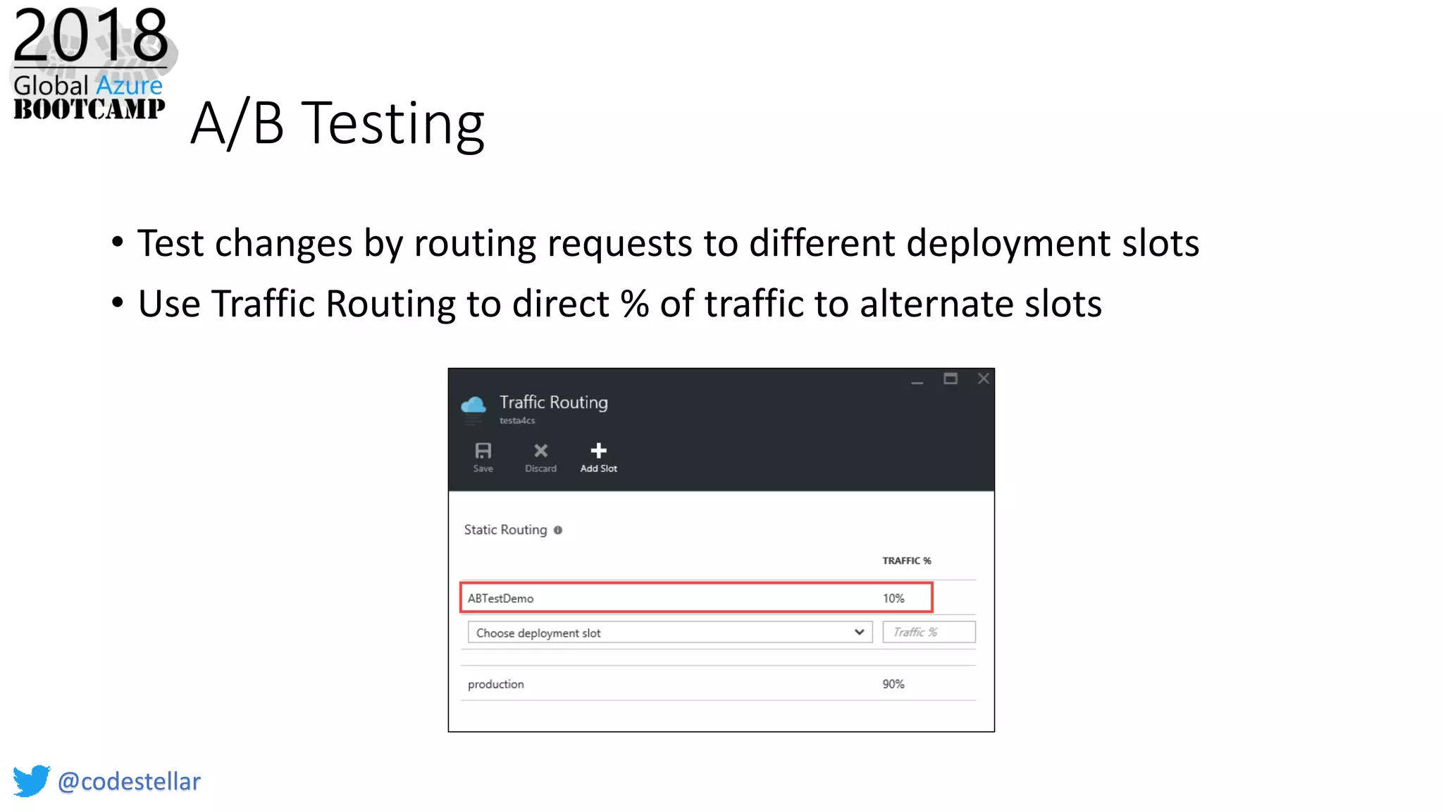 A/B Testing
• Test changes by routing requests to different deployment slots
• Use Traffic Routing to direct % of traffic to alternate slots
@codestellar
 