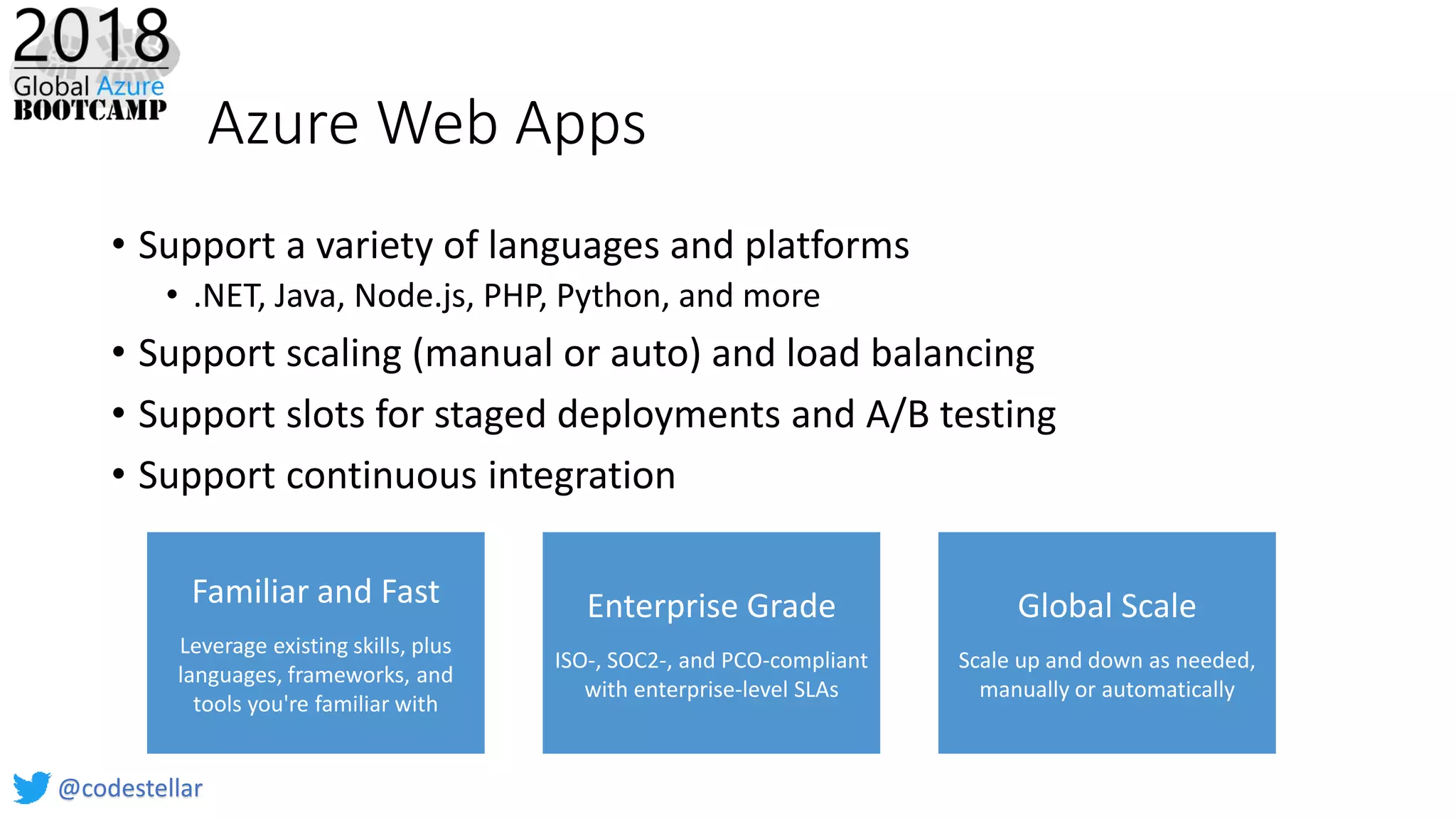 Azure Web Apps
• Support a variety of languages and platforms
• .NET, Java, Node.js, PHP, Python, and more
• Support scaling (manual or auto) and load balancing
• Support slots for staged deployments and A/B testing
• Support continuous integration
Global Scale
Scale up and down as needed,
manually or automatically
Enterprise Grade
ISO-, SOC2-, and PCO-compliant
with enterprise-level SLAs
Familiar and Fast
Leverage existing skills, plus
languages, frameworks, and
tools you're familiar with
@codestellar
 